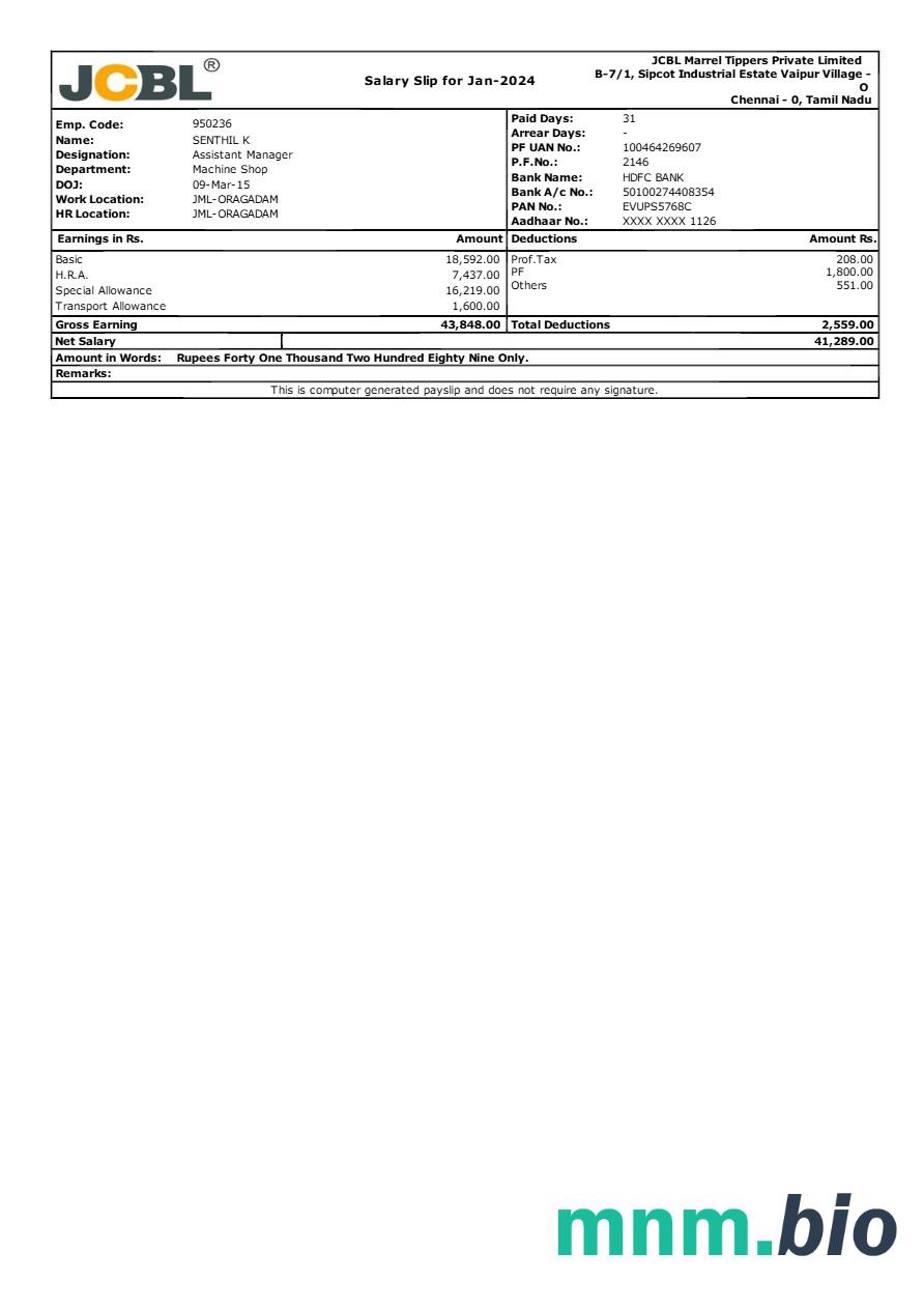 Szablon payslip producenta wywrotek JCBL Marrel w formatach Word i PDF